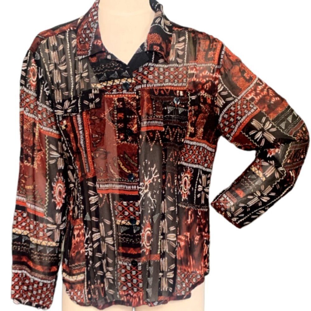 Chico's 2 L/12 Silk Semi Sheer Button Front Top Mixed Print Metallic Thread 116G